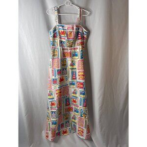Colorful Charming Beach-Themed Maxi Dress  Square Neckline & Ric-Rac Straps Sz-L